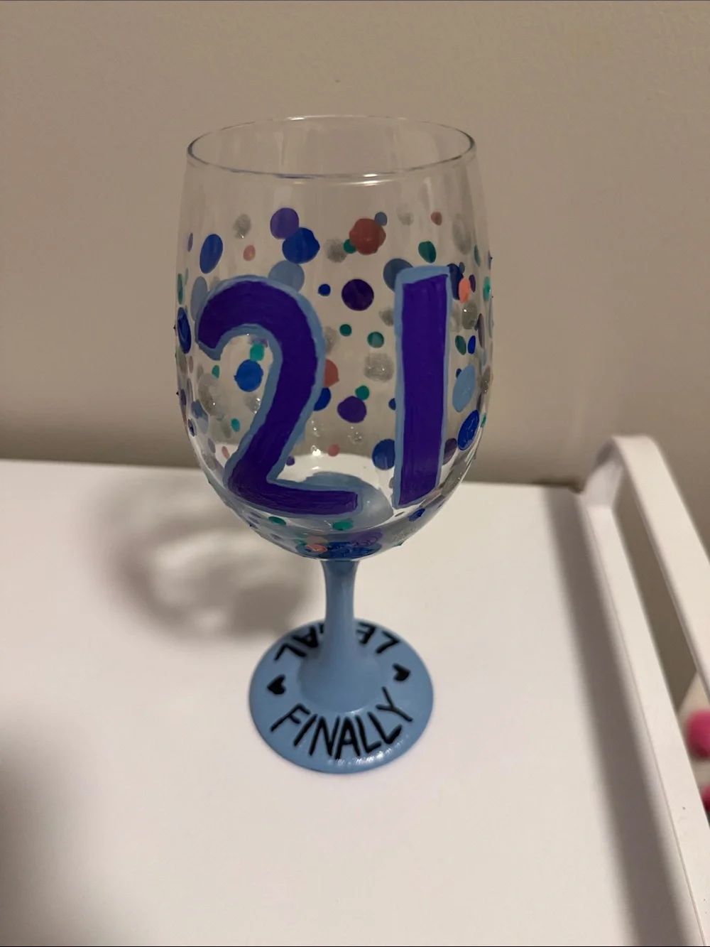Hand-Painted 21st Birthday Wine Glass - Blue and Purple